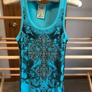 Women's Blue and Black Embellished Tank top